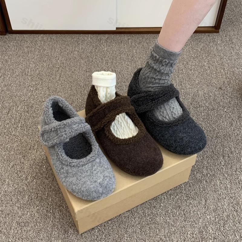 Women Flats Shoes 2026 Autumn Winter Woolen Fabric Comfort Soft Sole Mary Jane Shoes Outdoor Warm Plush Cotton Shoes Zapatos