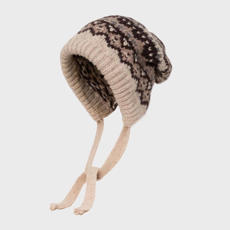 Fair Island Wool Hat Big Head Circumference Thick Knitted Hat Women's Autumn and Winter Balaclava Hat Winter Hat Bag Hat