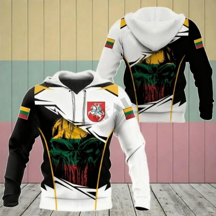 Lithuanian National Flag Emblem Camouflage Skull Warrior 3D Printing Men Fashionable Sports Outdoor Leisure Cool Hip-hop Hoodies