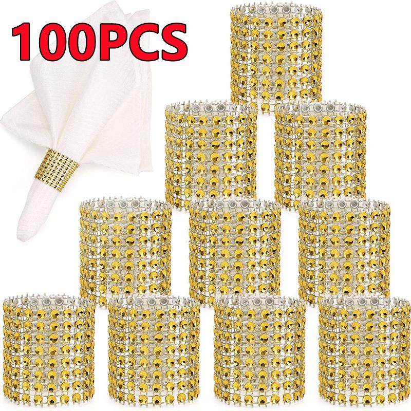 New 100PCS Rhinestone Napkin Rings Bling Decoration Gifts Wedding Dinner Elegant Gold Sliver Napkin Rings Holder Party Supplies