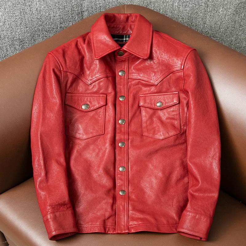 

Куртка из натуральной овчины в корейском стиле, мужская, приталенная, короткое пальто, рубашка 4XL красный