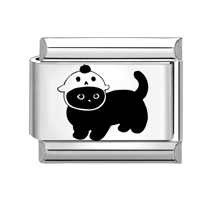 Laser Engraving Black Cartoon Cute Cat Dog DIY Italian Charm Links Fit 9mm Stainless Steel Bracelet Women Jewelry Making Gifts