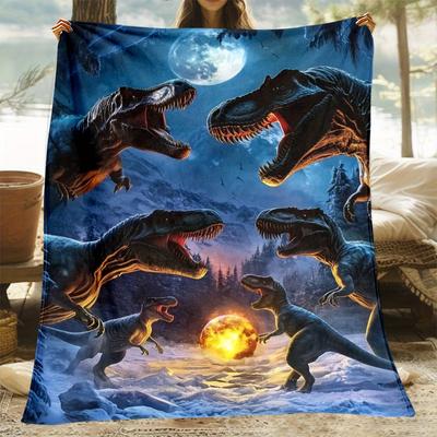 T Rex Dinosaur Moon Night Scene Fleece Blanket Prehistoric Wildlife Art Soft Plush Throw for Kids Room Decoration