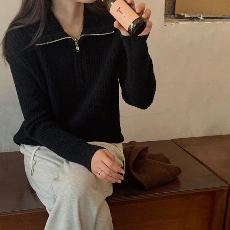 

Женский свободный вязаный свитер с застежкой-молнией - новый стильный топ с длинными рукавами на осень/зиму 2024 года One Size чёрный