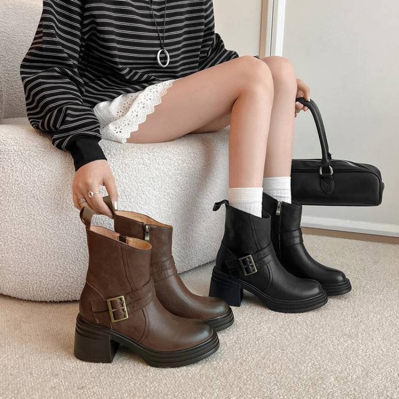 New Women's Leather Boots Leather Mid-heel Thick-soled Non-slip Martin Boots Autumn and Winter Side Zipper Large Size Cowhide Low Boots