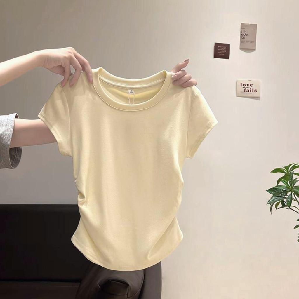 Sweet and Pure Desire Shoulder Short Sleeved T-shirt for Women, Embroidered with Bow, Spring and Summer Version Pleated Waist Cinching Short Top