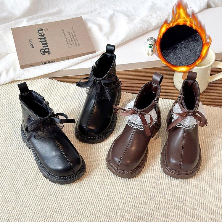 Korean version of girls' velvet short boots 2025 autumn and winter new girls' retro bow princess boots warm Martin boots