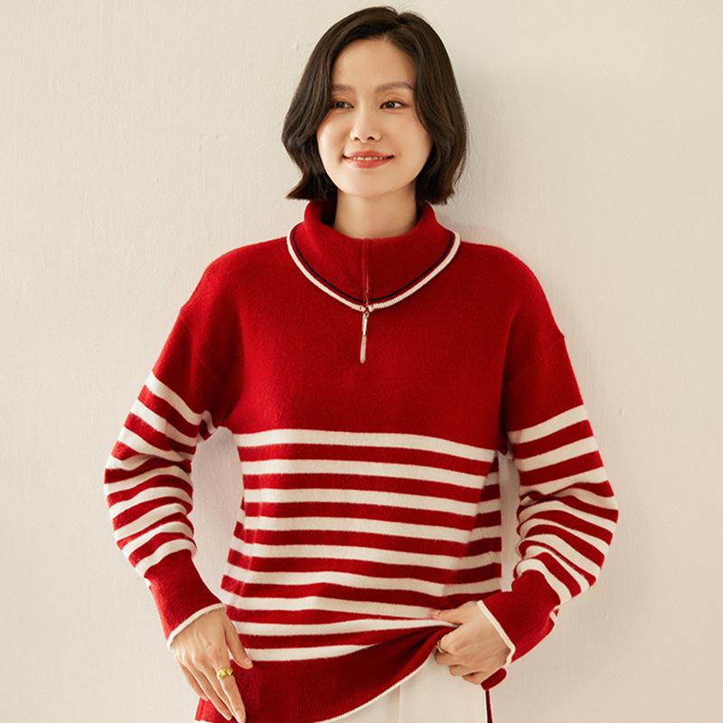 Cashmere Striped Zip-Up Lapel Sweater - New 2024 Autumn/Winter Korean Style Women's Knit Base Layer, Loose & Slimming Fit