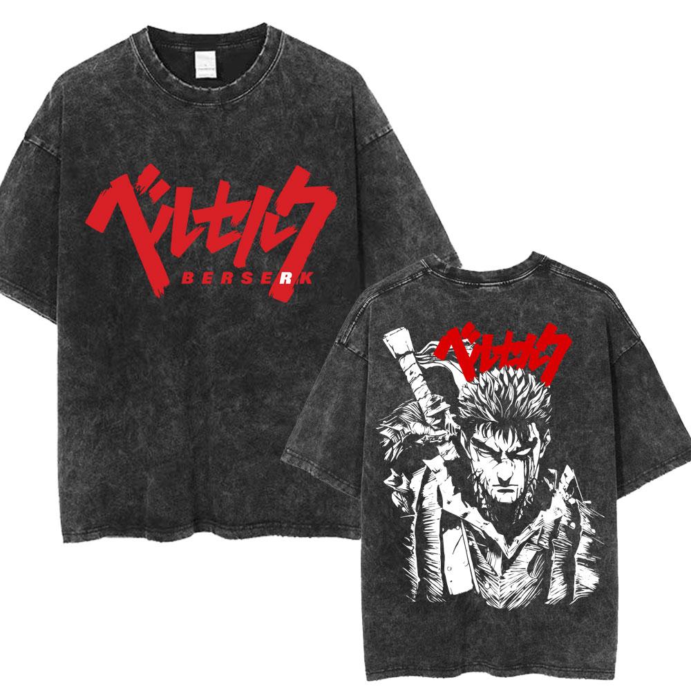Vintage Washed Anime Berserk Guts T Shirt Swordsman Gatsu Sacrifice Zodd Harajuku TShirt Men Women Loose Cotton Tees Streetwear