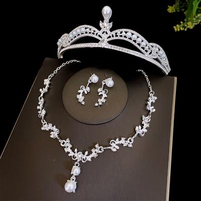 Imitation Pearl Bridal Crown Three Piece Set Wedding Crown Tiara Necklace Earrings Korean Super Fairy Wedding Dress With