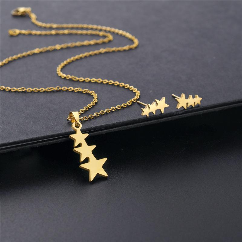 RUI RUI YU New Fashion Ladies Stainless Steel Sleeve Chain Pentagram Pendant Necklace Earrings Set Three-piece Collarbone Chain