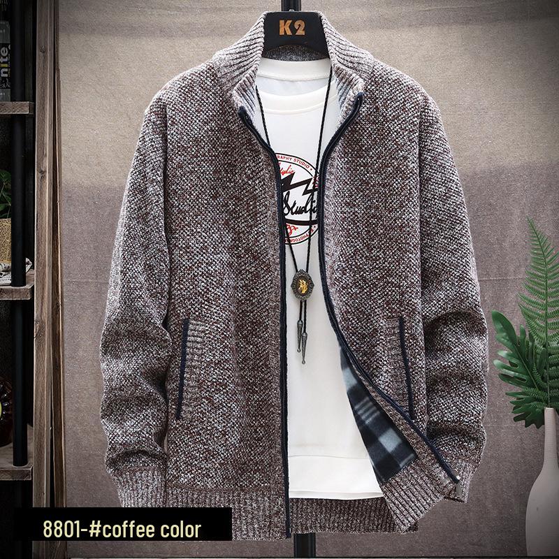 Men's Fleece-Lined Sweater Jacket: Autumn/Winter Casual Knitted Cardigan, Plus Size, Solid Color, Stand-Up Collar.