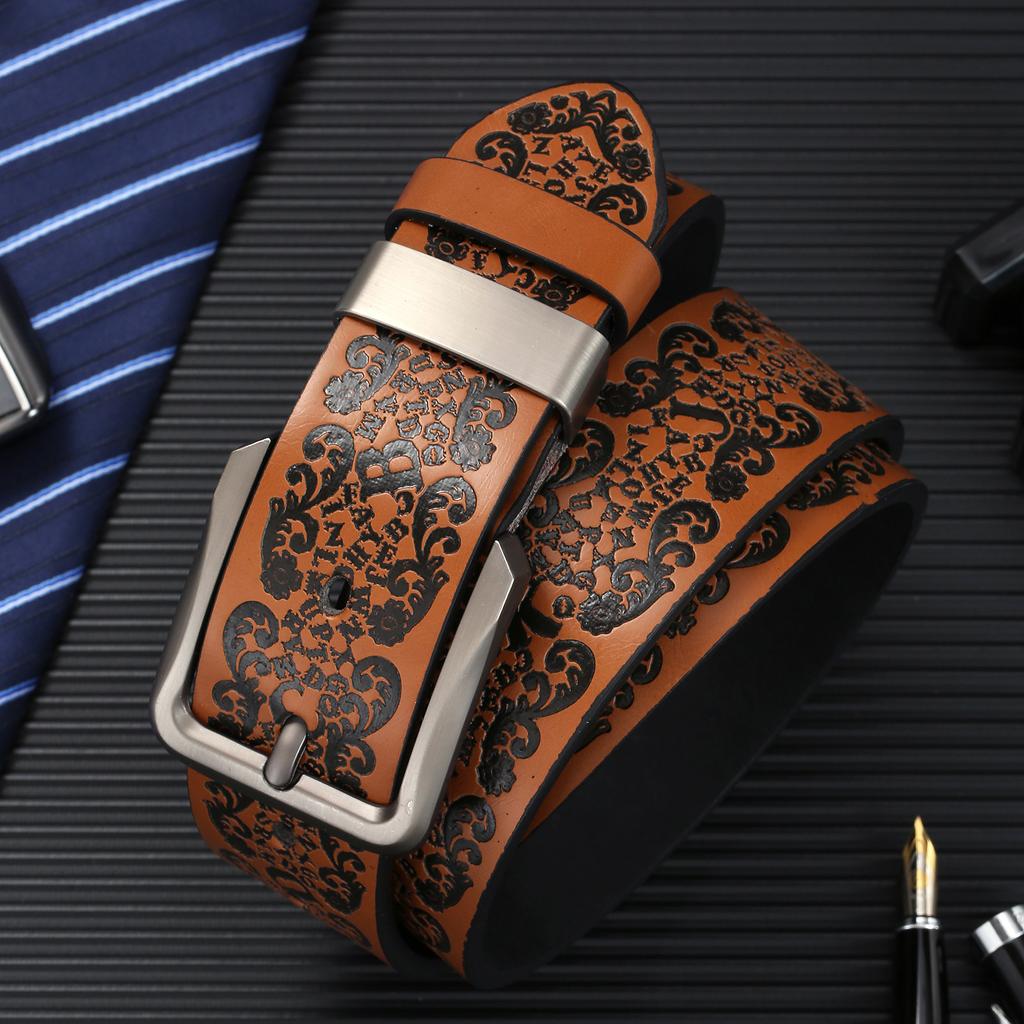 Men'S Embossed Punched Belt, Belt Pu Pin Buckle, Belt Alloy Buckle, All-Season Belt
