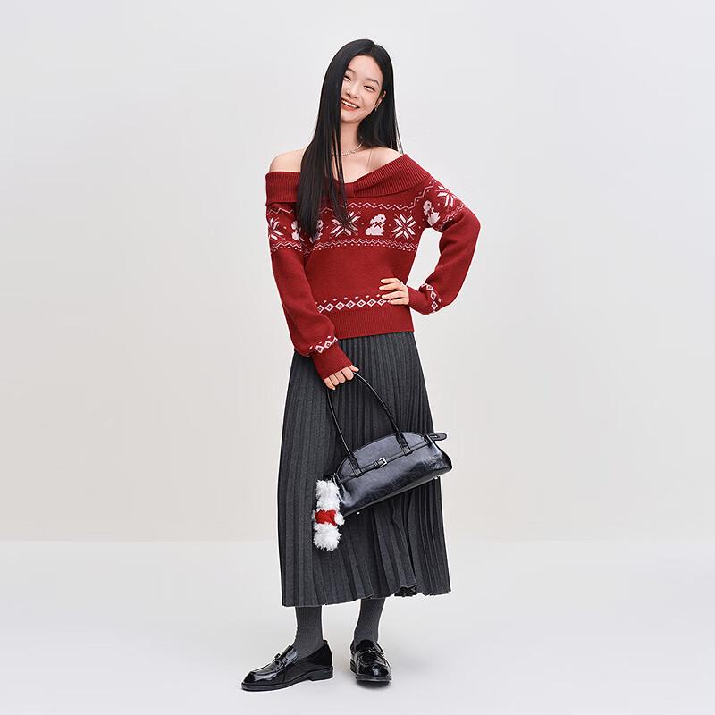 LEDIN Fair Isle Bow Collar Red Knit Sweater