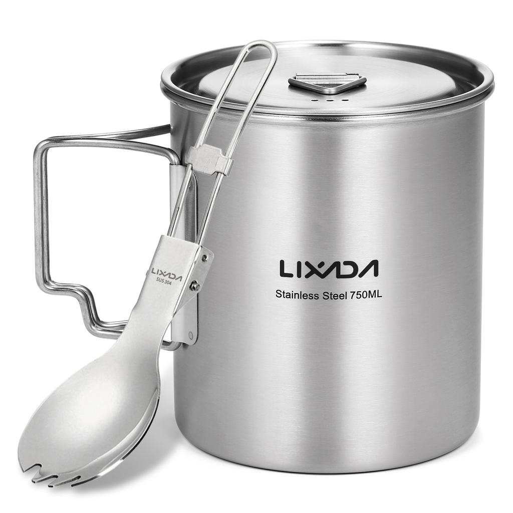 Lixada 750ml Cup Outdoor Stainless Steel  Cup Mug with Foldable Handles and Lid for Camping Hiking Backpacking camping pot