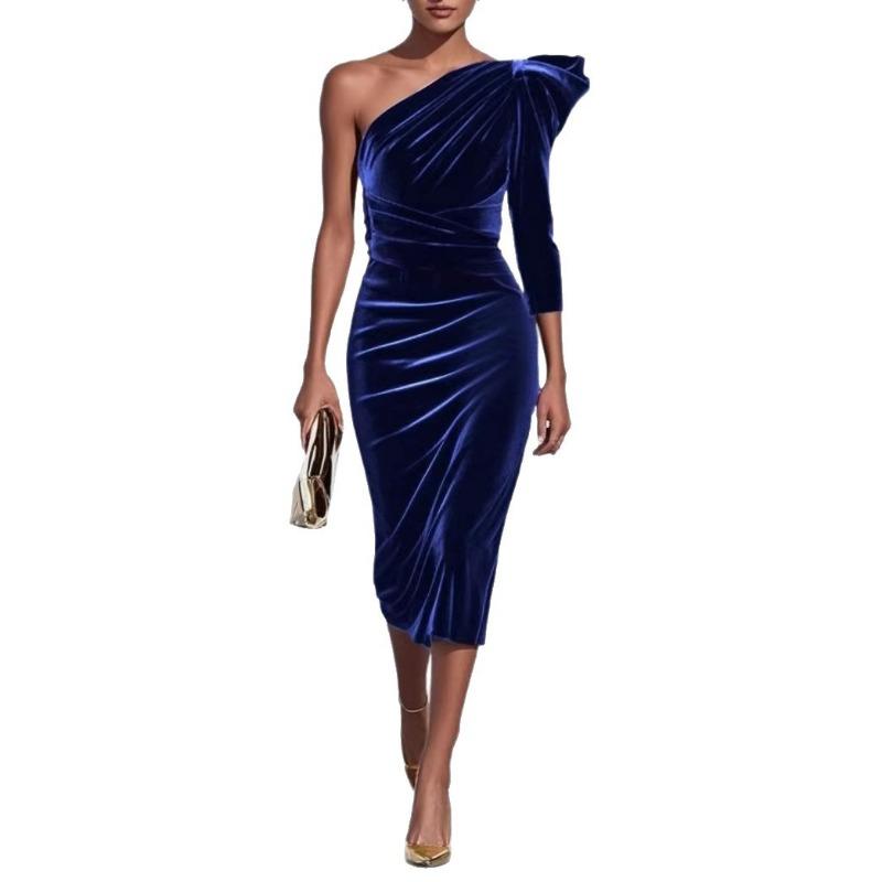 

Royal Blue Velvet One-Shoulder Midi Dress for Fall Winter Elegant Ruched Bodycon Party Dress S синій