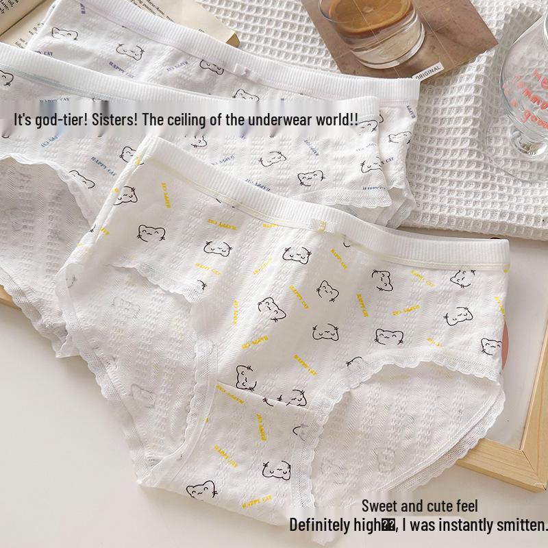 Women's 7A Antibacterial Cotton Underwear - Cute Print, Breathable, Japanese Style, Mid-Waist, Hip-Hugging Teen Girl Panties
