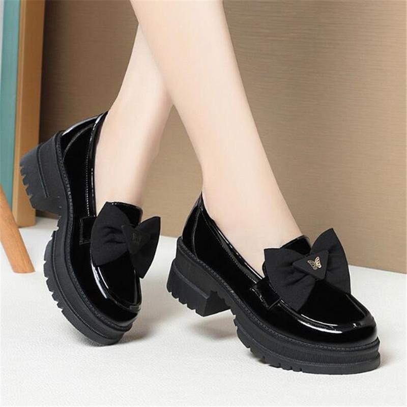 Fashion Deep Mouth High Heels Loafers Women 2025 Autumn Patent Leather Chunky Platform Pumps Woman Slip On Black Office Shoes Mary Janes