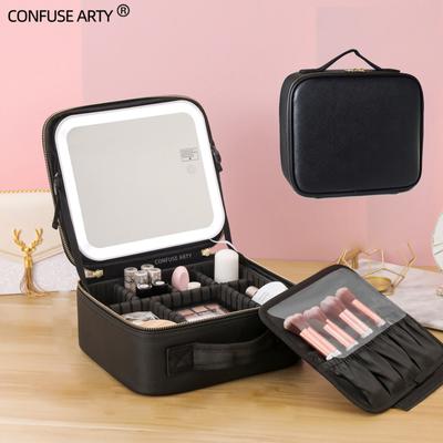 Nova bolsa de maquiagem com luzes LED inteligentes e espelho grande, estojo de viagem de couro PU à prova d'água para cosméticos para mulheres