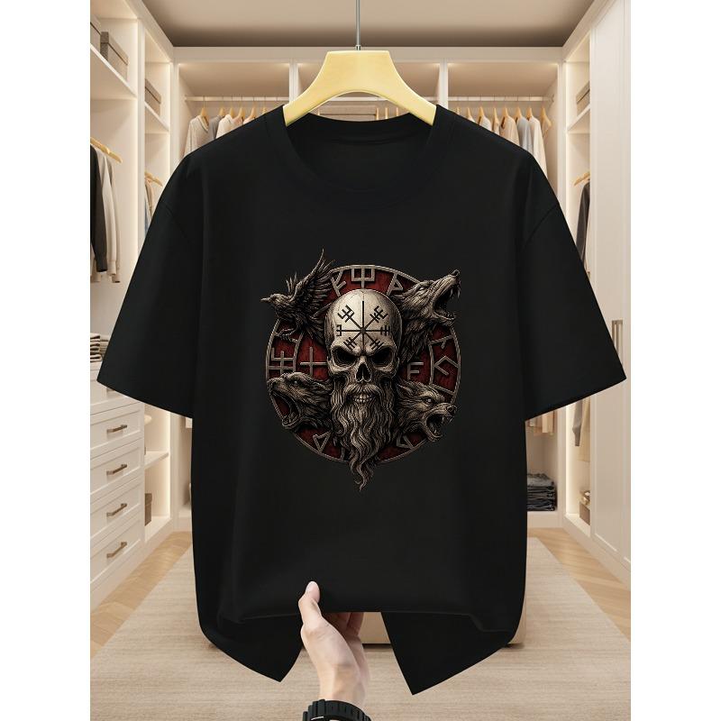 Men'S T-Shirts Men'S Short Sleeve T-Shirts Nordic Style Skull And Wolf Rune Print Patterns Comfortable Casual Short-Sleeved T-Shirt in Summer