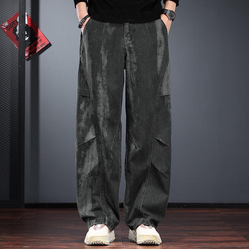 Men s Retro Loose Fit Wide-Leg Distressed Workwear Jeans 2XL