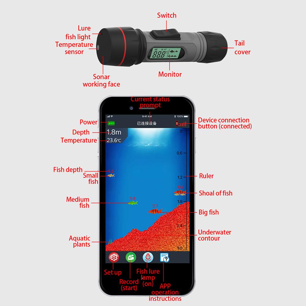Portable Sonar Fish Finder Waterproof Wireless Bluetooth Depth Finder Ice Fish Finder with Depth Readout Display for
