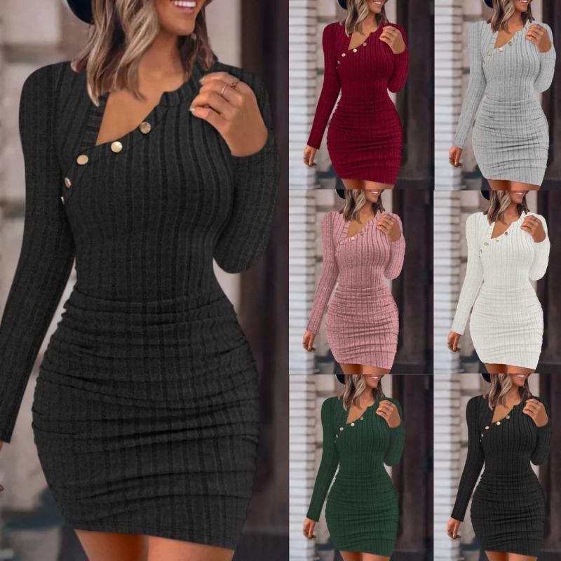 New women's clothing solid color off-shoulder diagonal collar tight hip-wrapped fashion slim-fitting sexy long-sleeved dress