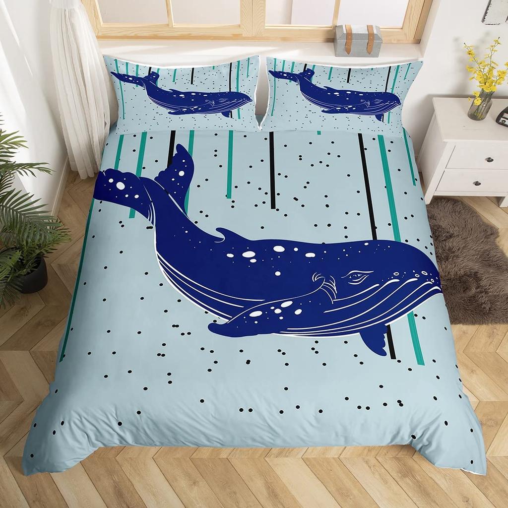 Whales King Queen Duvet Cover Ocean Animal Bedding Set Seaweed Starfish Marine Life Quilt Cover Blue Polyester Comforter Cover