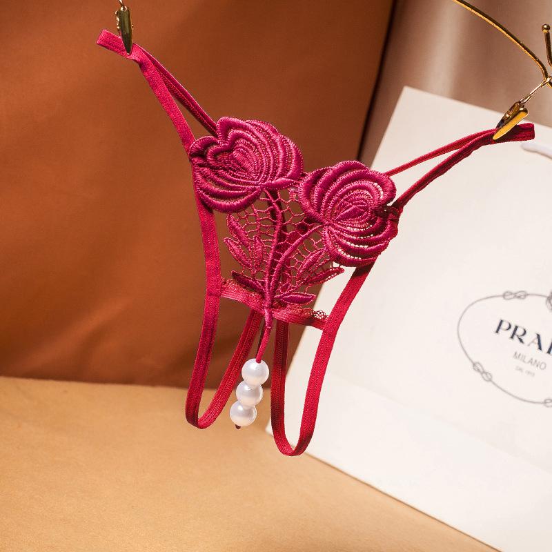 Sexy spodní prádlo Krajkové kalhotky Duté perleťové Jacquard Kalhotky s otevřeným souborem Nízký pas Elastické Temptation Jedno provazové květinové rozkrokové tanga