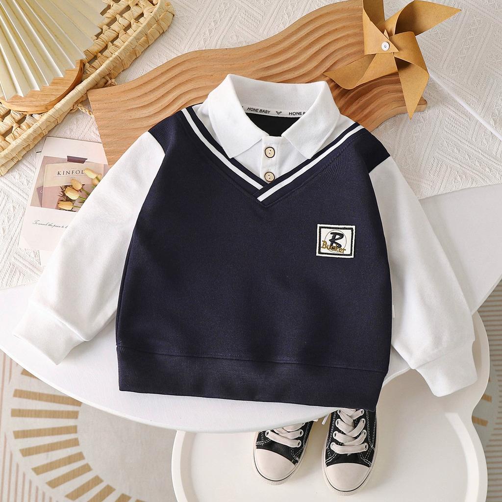 Boys' Lapel POLO Shirt Spring Autumn and Winter Sweaters British Style Fake Two-piece Middle-aged Children's All-match Fashion