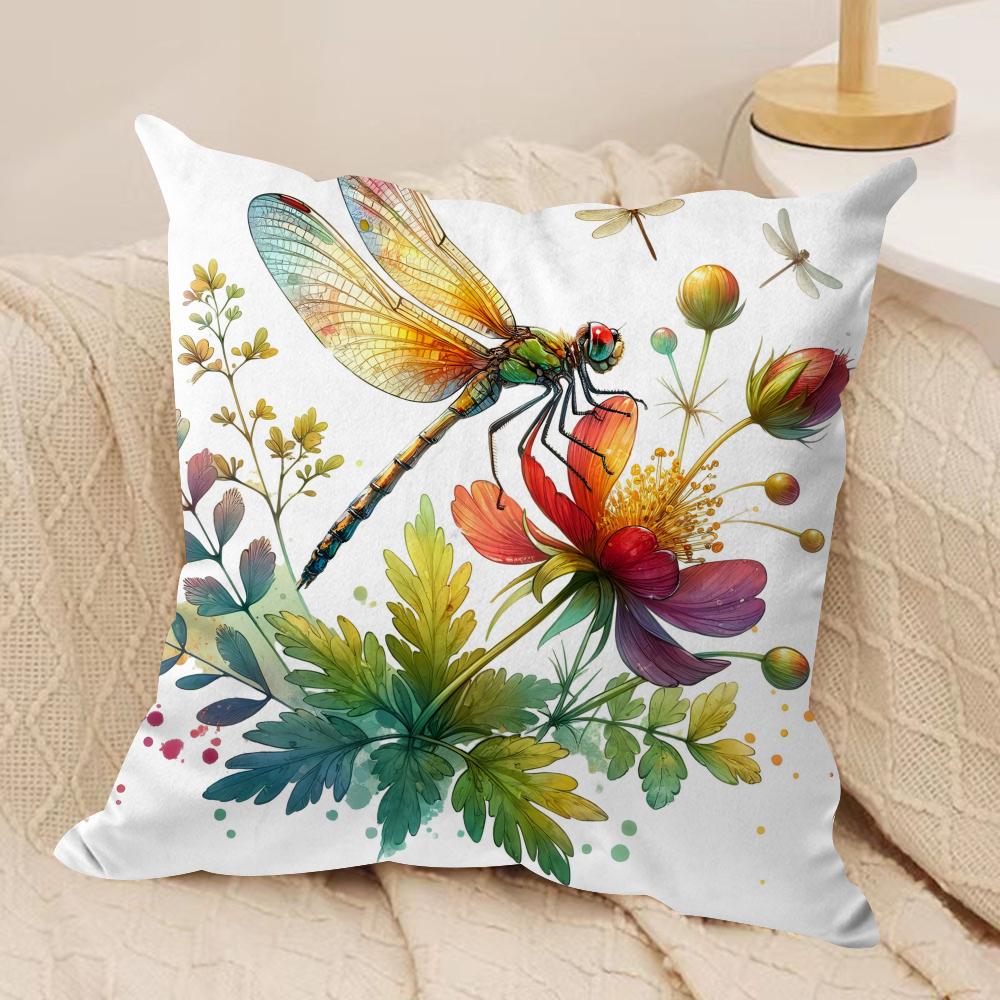 Watercolor Dragonfly and flower Cushion Cover Short plush Doublesided Print Square Throw Pillow Covers Sofa Home Cushion Decor