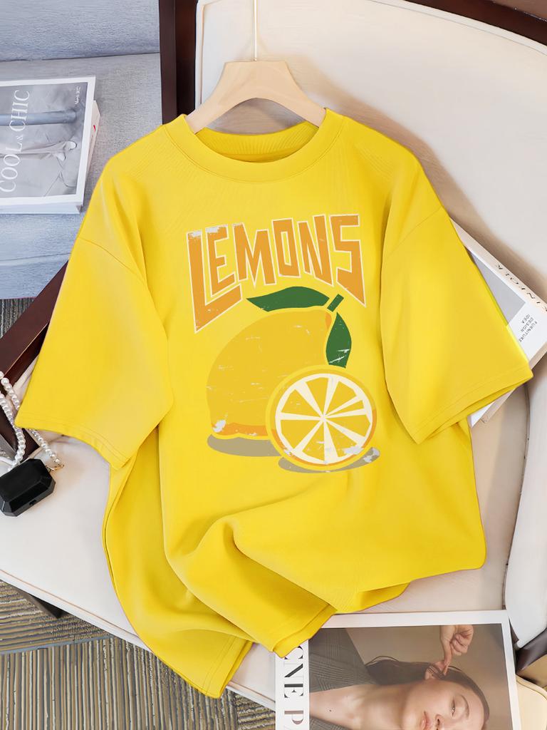 Fresh Lemon Fruit Prints Women Tee Shirt Casual Oversized T-Shirts Breathable Cotton Short Sleeve Comfortable O-Neck Tops