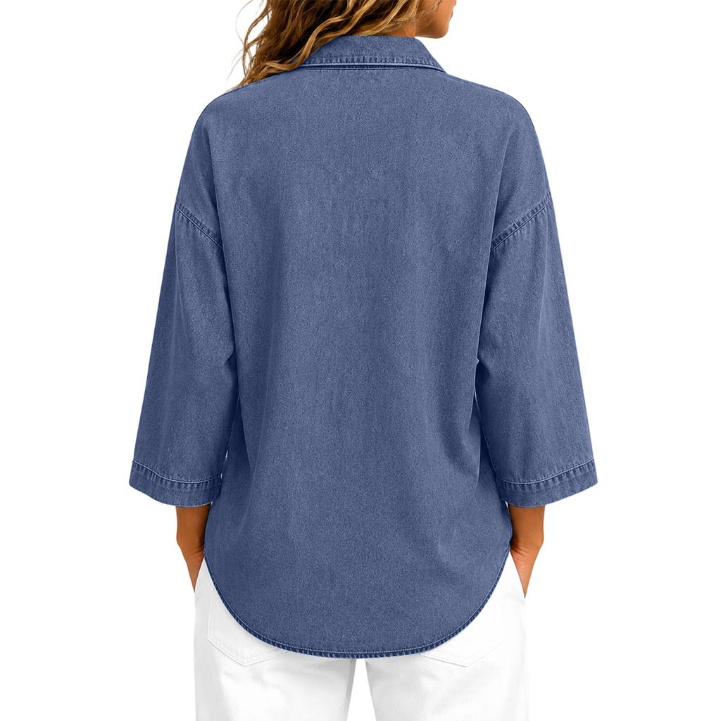 Women's Loose Fit Denim- Button Top with Three-Quarter Sleeves for Casual Everyday Wear