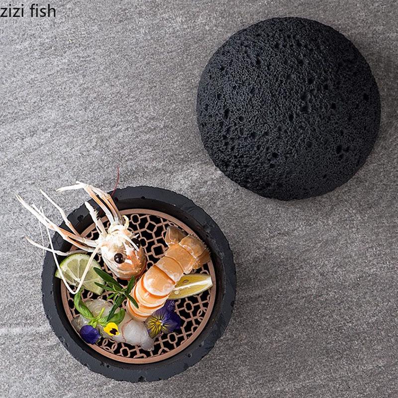 Bol en céramique à texture météorite créative avec couvercle, bol à dessert, bol à sushi, bols à glace sèche, vaisselle de spécialité pour restaurant
