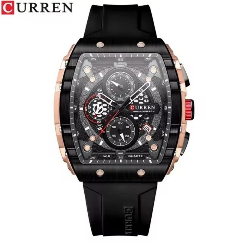 Curren 8442 Luxury Bussiness Chronograph Men's Tonneau Watches Silicone Band Casual Wristwatch Big Dial Quartz Clock