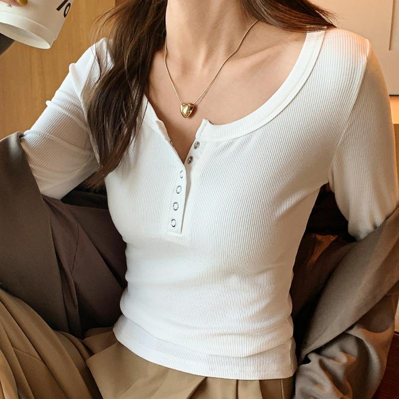 Women Long Sleeve Round Neck Slim Fit Button Casual Base T Shirt