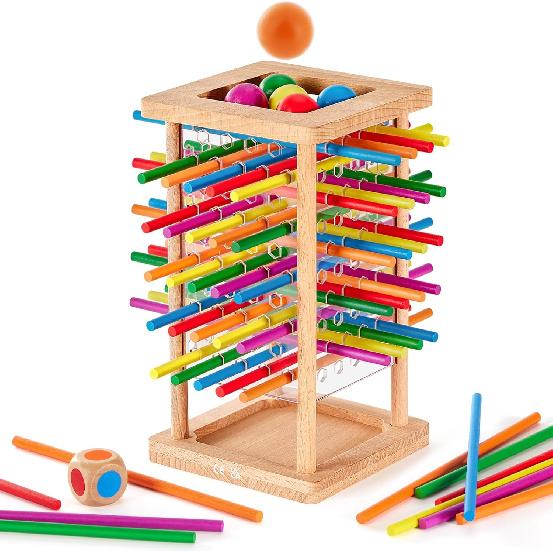 Montessori Game Wooden Board Game, 48 Colorful Sticks Dice Game for 3 4 5 6 Year Old, Kerplunk Game for Kids Math Educational Toys for 3 Years Old,