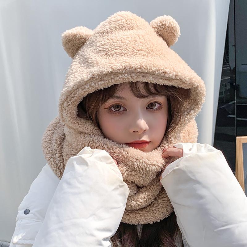 Bear Ear Hat for Women In Autumn and Winter Versatile Cute Scarf with Hooded Korean Style Ear Protection and Warm Couple