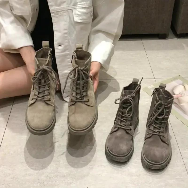 Platform Boots for Woman Spring Autumn  Fashion Retro Ankle Square Heel Lace-up Shoes Women Boots