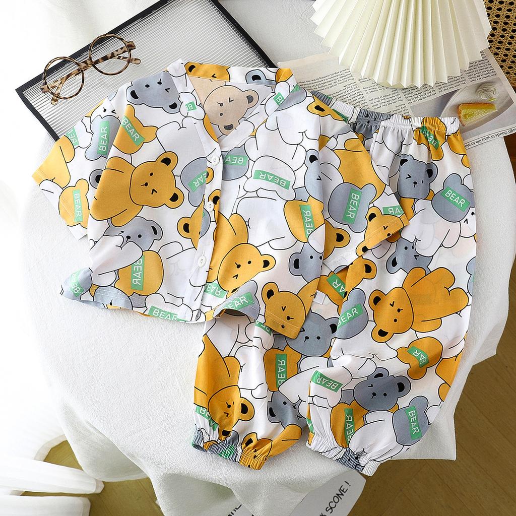 Children's Home Clothes Cotton Silk Set Summer Men's and Women's Pajamas Artificial Cotton Two Piece Set Cotton Silk Air Conditioning Clothes
