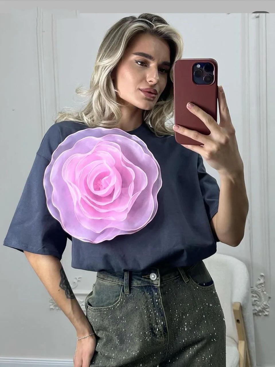 

2025 дюймов Ветрозащитная свободная футболка женская стереоскопическая сетка Камелия Хлопковая блузка с короткими рукавами Молодежная женская одежда S серый