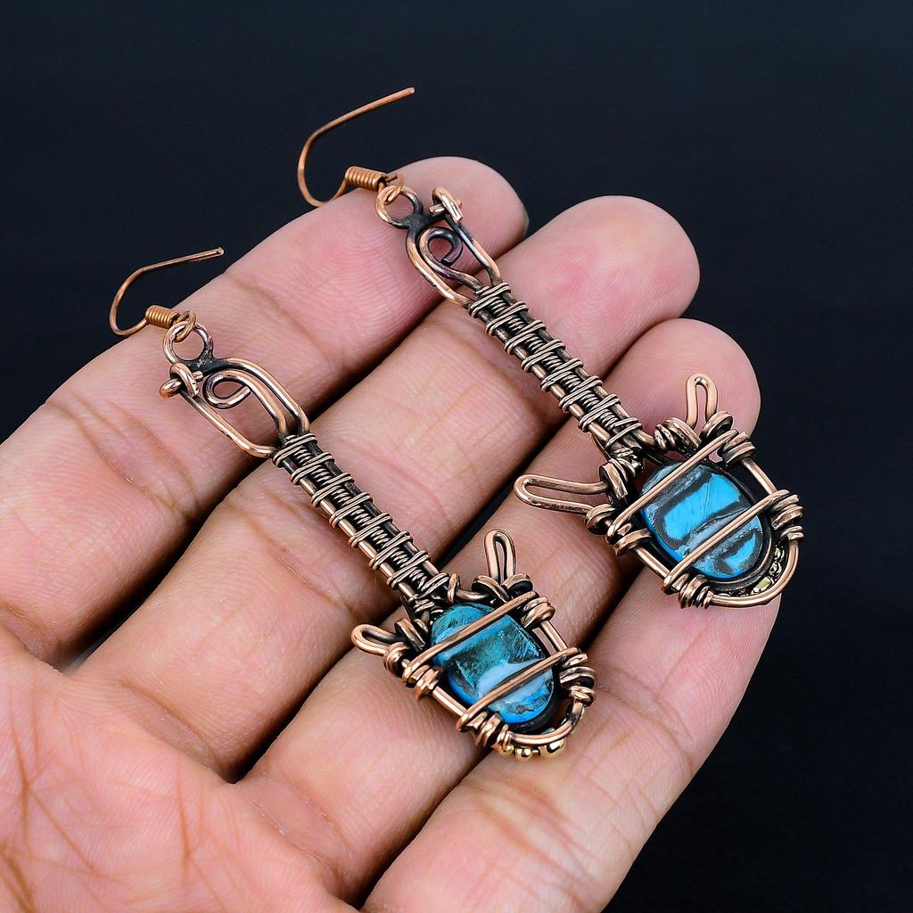 Sleeping Beauty Turquoise Earrings, 999 Copper Wire Wrapped Gemstone Jewelry, Handmade Earrings, For Thanksgiving