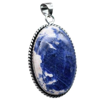 Sodalite Natural Gemstone Antique Silver Plated Pendant 2.25" J 1009