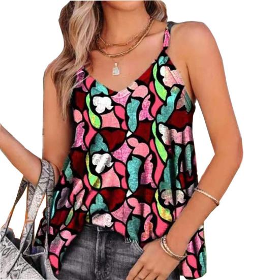 Spaghetti Strap Printed V-neck Sleeveless Women Crop Top Vest Beachwear