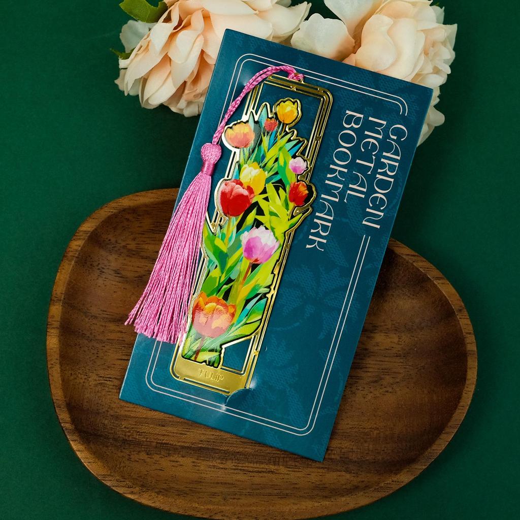 Elegant Floral Metal Bookmark with Tassel - Rose, Sunflower & Hydrangea Design