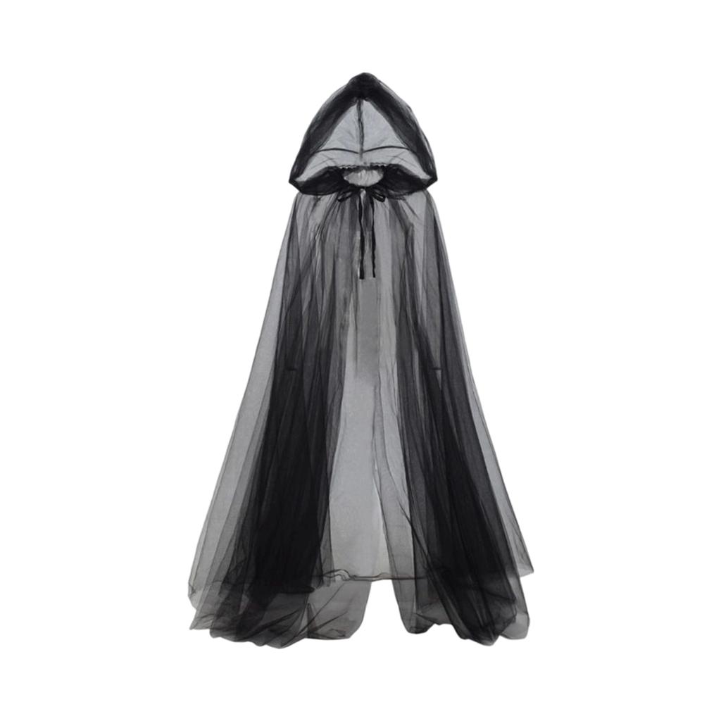 Halloween Long Hooded Net Cape for Women, Cosplay Costume Cloak, Dark Cloak