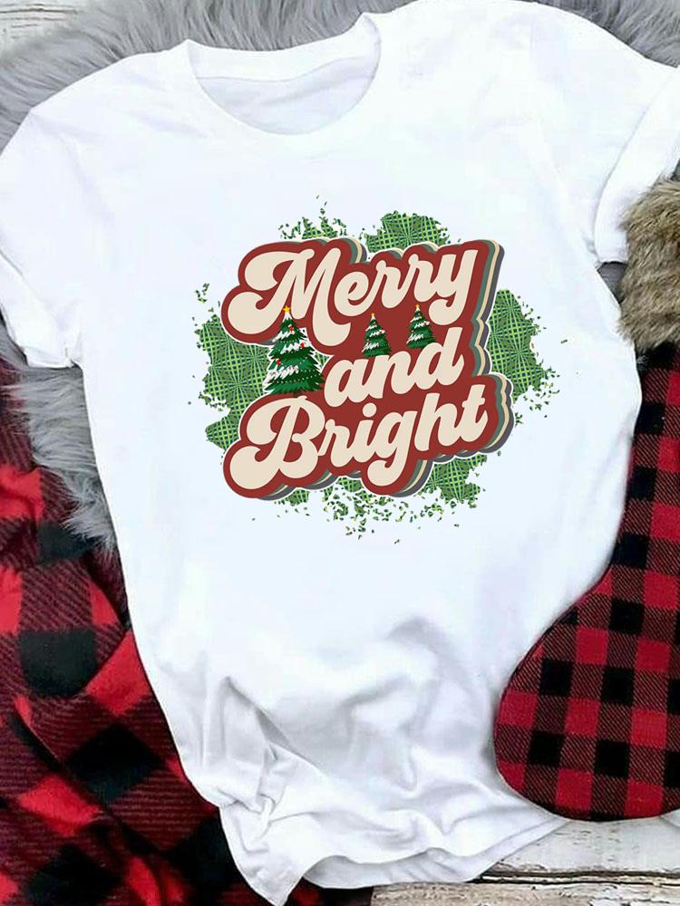 (Asian Size) Plaid Tree Style Cute Merry Christmas Tee Top Festival   New Year Holiday Casual  Lady Short Sleeve Fashion Women Print Graphic T-shirts