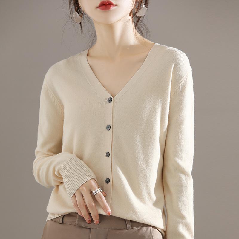 Autumn Winter Casual Fashion Solid Color V-neck Cardigan Coat Women All-match Bottomed Knitting Top