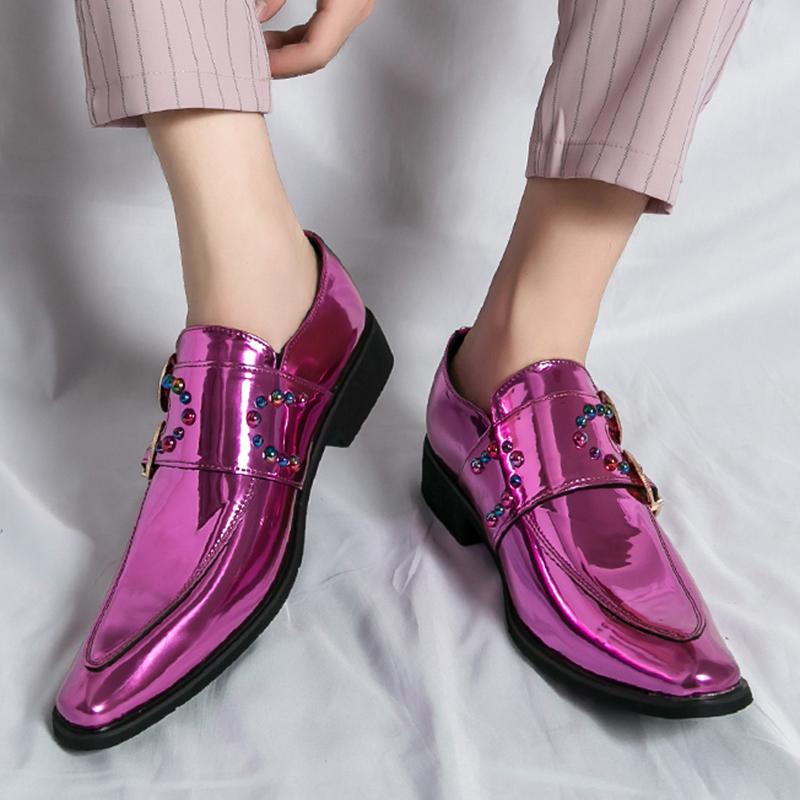 Luxuriöse Herren Designer Hochwertige Spitzlack Rosa Chelsea Formelle Schuhe Kleid Hochzeitsparty Monk Strap Slipper
