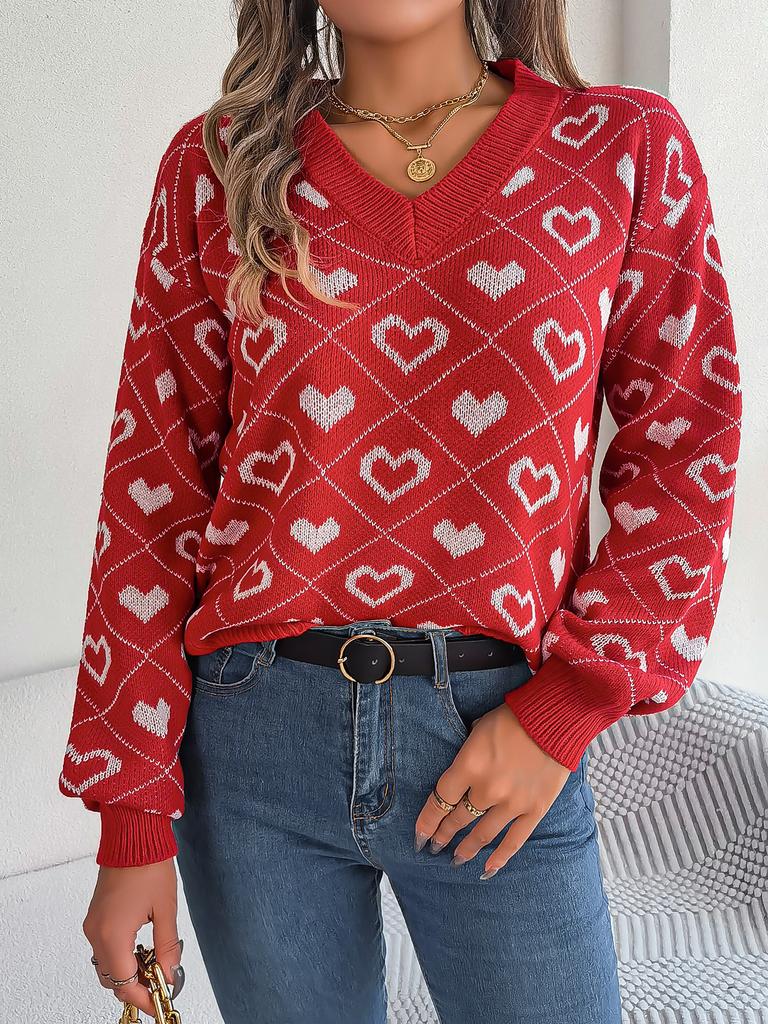 Women's Love Heart Pullover Sweaters Long Sleeve V Neck Knitted Jumper